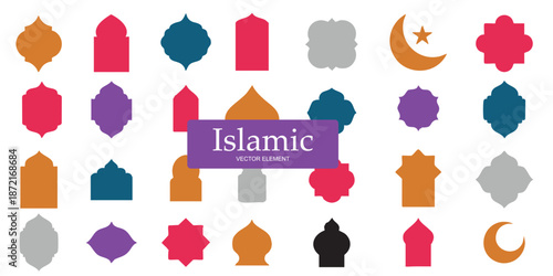 Collection of Mosque Dome Elements, Ramadan Kareem and Eid Mubarak featuring mosque silhouettes. Perfect for creating professional social media templates, website banners, holiday greeting cards.