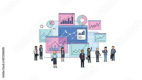 A diverse business team stands amidst a vibrant array of overlapping data charts and graphs, representing collaborative analytics and successful project management.