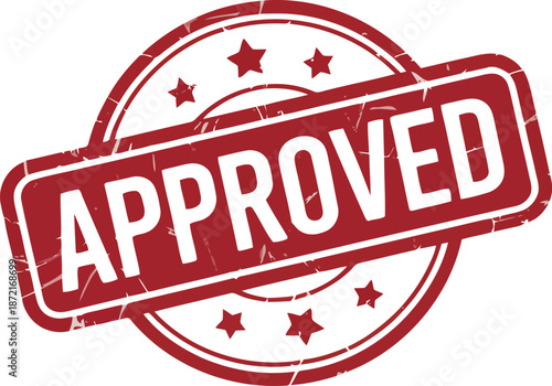 A red grunge rubber stamp mark with the word APPROVED and stars on a clean white background