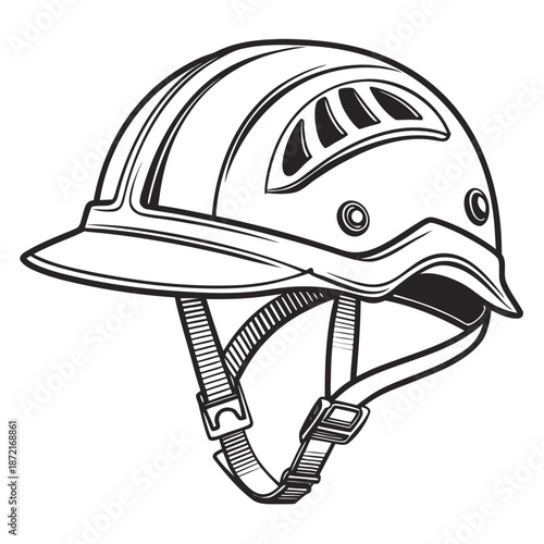 Black and white line art showcases a detailed safety helmet with straps and visor