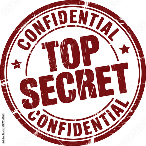 Distressed red circular stamp with Top Secret and Confidential words prominently displayed on white