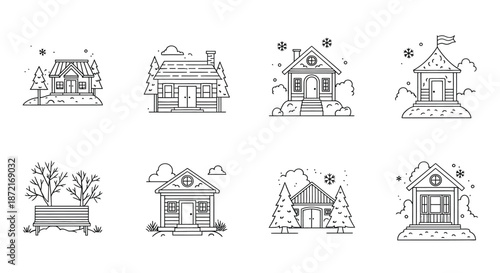 Cozy winter cottages in snowy landscape