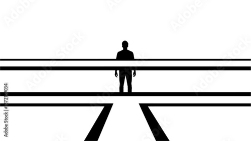 A man in a suit stands on a geometric line art platform with a white background with silhouette and business and professional and minimalist