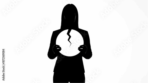 Woman holding broken circle silhouette illustration for concepts of sadness and mental health with emotional and symbolic and psychological and distress