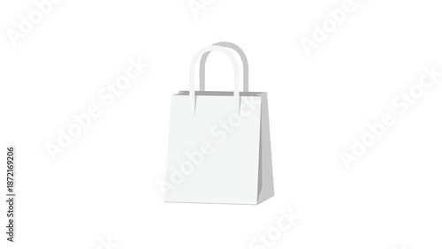 A simple, minimalist white paper shopping bag with handles is presented against a clean white background, ideal for branding and retail concepts.