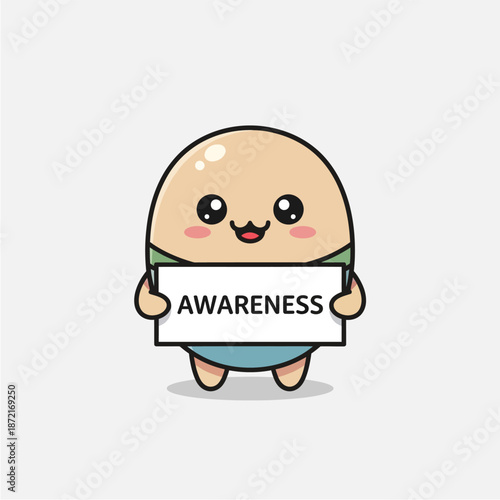 Smiling cartoon character holding awareness sign promoting social consciousness and community support with illustration and graphic and advocacy