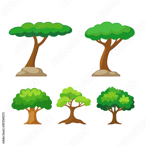 Tree Vector Illustration Collection Featuring Tropical and Orchard Trees with Mango, Apple, Banana, Orange, Coconut Palm and More Isolated on White Background