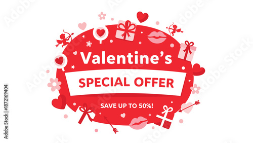 An elaborate red banner declares "Valentine's Special Offer Save up to 50%!", framed by diverse romantic elements like hearts, cupids, and gift boxes.