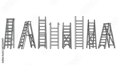 Various types of ladders arranged in a row