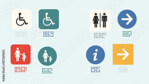 Accessible signage icons for public facilities with braille labels with wheelchair accessibility and restroom icons and directional signs and information signs