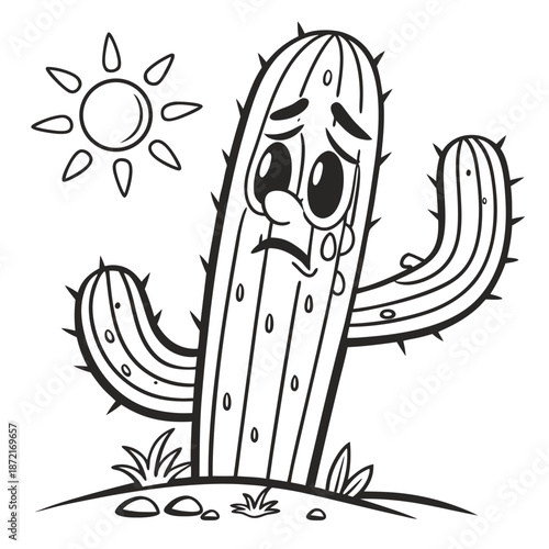 Animated cactus character is shedding tears under the bright sun in monotone lines