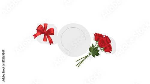 A thoughtful Valentine's Day gift box with a red bow is elegantly paired with a beautiful bouquet of red roses, symbolizing love and romance.