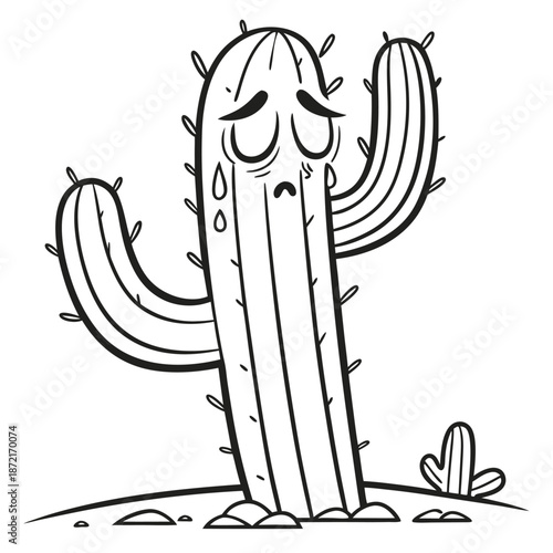 Monochrome weeping cactus stands mournfully in the desert landscape, with tears visibly falling