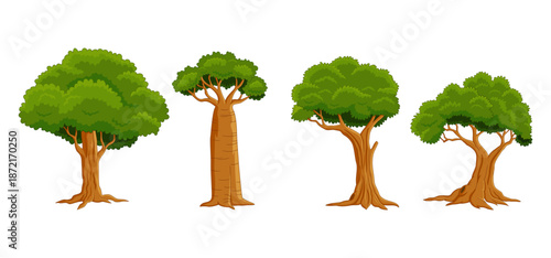 Tree Vector Illustration Collection Featuring Tropical and Orchard Trees with Mango, Apple, Banana, Orange, Coconut Palm and More Isolated on White Background