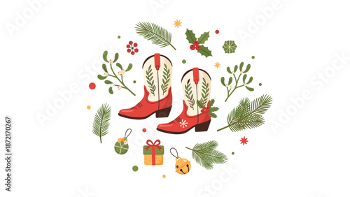 A festive circular arrangement features a pair of cheerful red cowboy boots, surrounded by various Christmas decorations like mistletoe, holly, and pine branches.