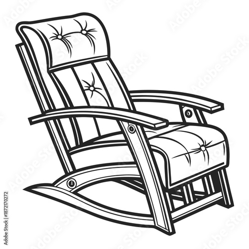 Outlined rocking chair showcases tufted upholstery, elegant design, inviting comfort on a white backdrop