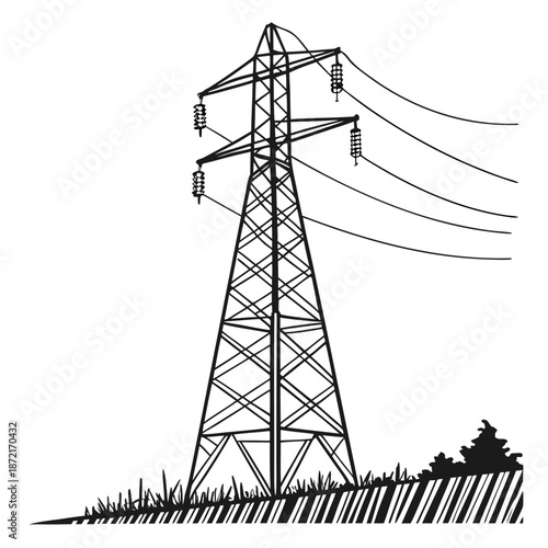 Tall power line tower stands over grassy terrain in an outlined monochromatic illustration
