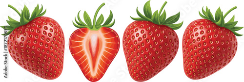 Fresh ripe strawberries illustration set with whole and sliced berry, detailed seeds, leaves, and realistic red texture