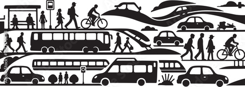 Urban transportation scene with people and vehicles moving