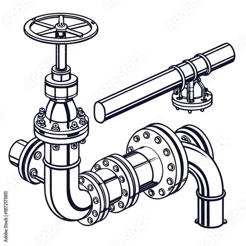 Outlined metal pipeline valve system with flanges shows an industrial blueprint representation