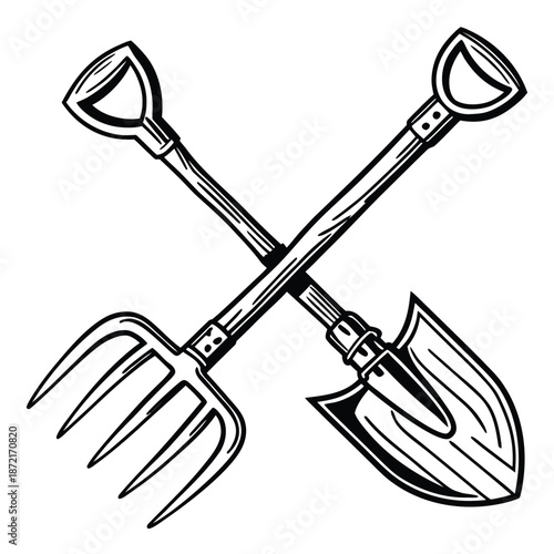 Crossed black and white shovel and pitchfork form an agriculture symbol perfectly suited