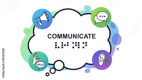 Communicate graphic with speech bubbles and sign language symbols on white background with communication and graphic design and accessibility