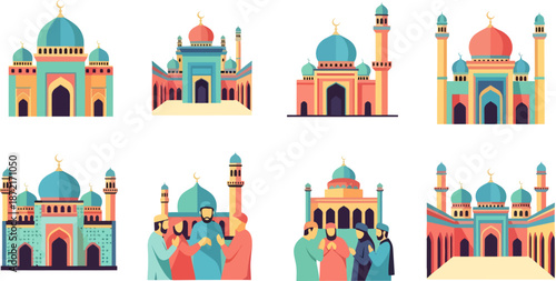 Mosque domes minarets and people