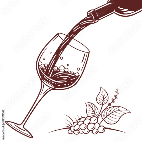 Wine bottle pours liquid into glass beside grapes and leaf branch outline