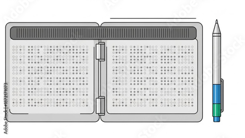 Simple line art illustration of open braille book and stylus on white background with accessibility and education and disability and graphic