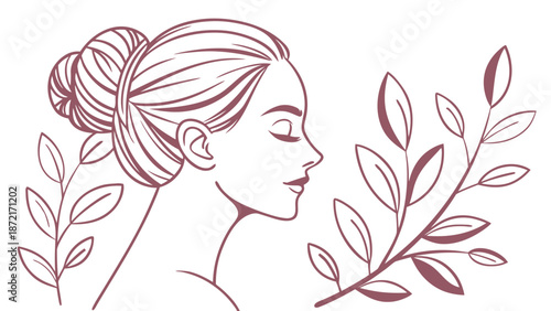 Minimalist Woman Profile with Elegant Hair Bun and Botanical Branches