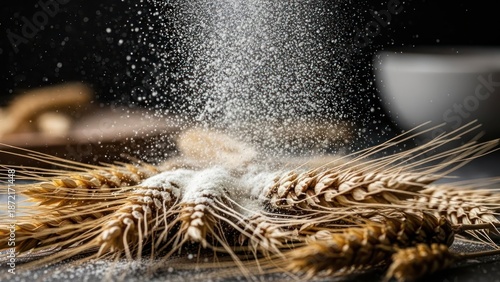Wallpaper Mural Golden wheat grains with flour dust explosion, rustic baking ingredients Torontodigital.ca