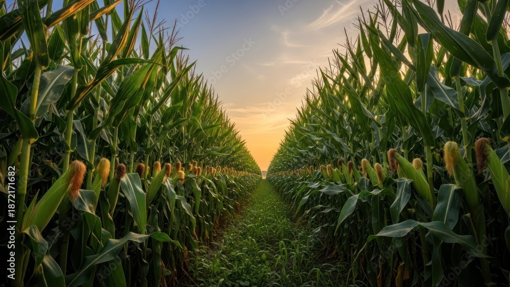 Obraz premium Lush green cornfield rows at sunset, agriculture background