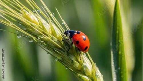 Wallpaper Mural Ladybug on dewy green plant with water droplets Torontodigital.ca