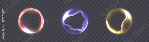 Abstract, dynamically changing glowing rings of vibrant pink, purple, and yellow create futuristic energetic effects on a transparent background for design and illustration.