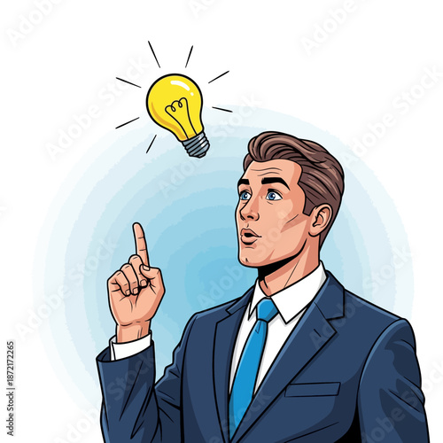 Man in Suit With Light Bulb Idea, Pop Art Style