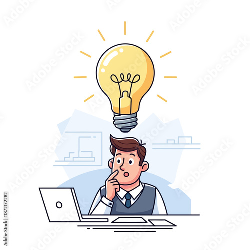 Man With Idea Bulb Above Head Working on Laptop, Innovation Concept