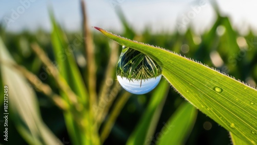 Wallpaper Mural Water drop on green leaf reflecting blue sky and grass Torontodigital.ca