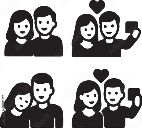 love couple selfie silhouette vector icon set, black color and white background