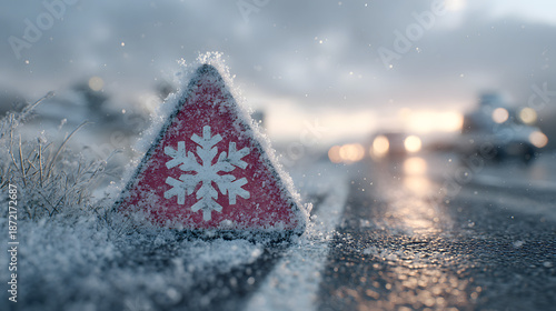 Triangular road sign with a snowflake symbol covered in snow, warning of icy and slippery roads, representing winter driving safety and hazardous weather conditions