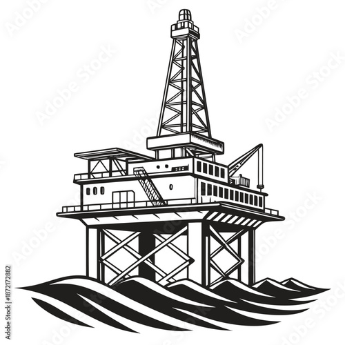 Offshore oil rig stands tall amidst stylized ocean waves in a black and white scene