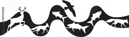 Animals Silhouette in Wavy Line Formation on White Background