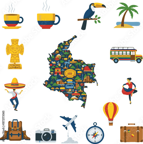 Colombia Travel and Culture Icons Set: Colombian Landmarks, Coffee, Chiva Bus, and Tourism Symbols Vector