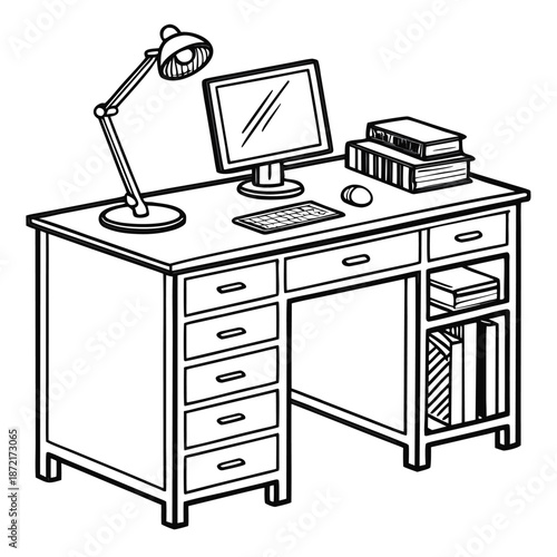 A simple desk with computer and books displays a minimal workspace setup nicely