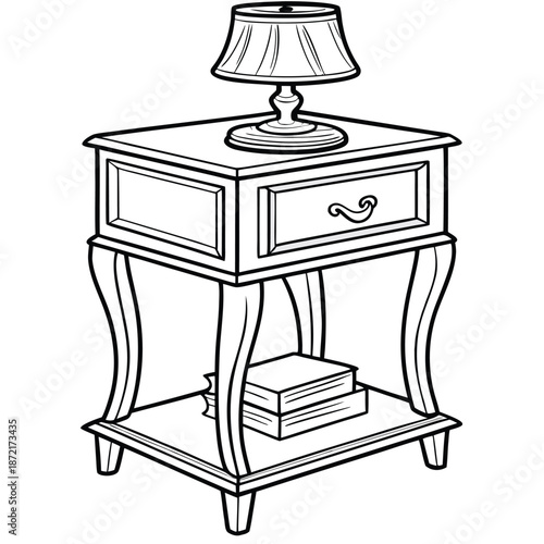 A bedside table with lamp and books features a simple black outline in vector
