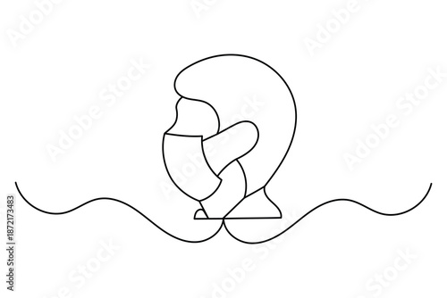 Person wearing medical face mask in continuous one line art drawing