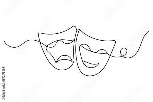 Comedy and tragedy theater masks continuous one line drawing