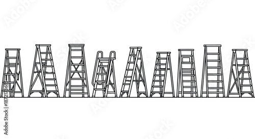 Various types of ladders arranged in a row