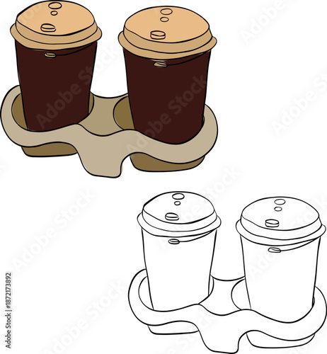 Cute paper cup coffee to go Isolated illustration. Vector graphic line ink colored art. Silhouette sign for logo, print, comics, fashion, pop art, boards, design, stickers, decoration, posters