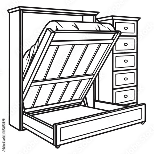 Line art shows a cabinet bed folding out with an attached chest of drawers