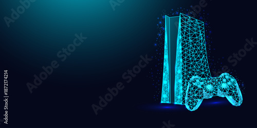 Low poly wireframe game console and controller on dark blue background.